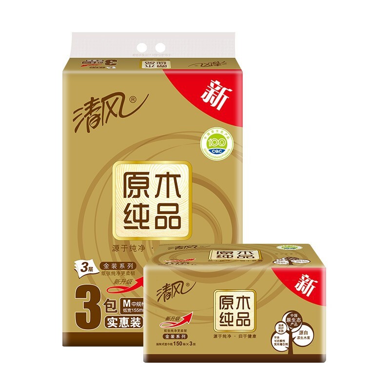 清風(fēng) BR36MJ 原木純品金裝抽紙 S碼 3層*150抽*3包/提