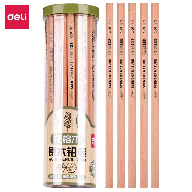 得力(deli) S940 木世界系列HB六角筆桿書寫繪畫素描鉛筆 30支/桶